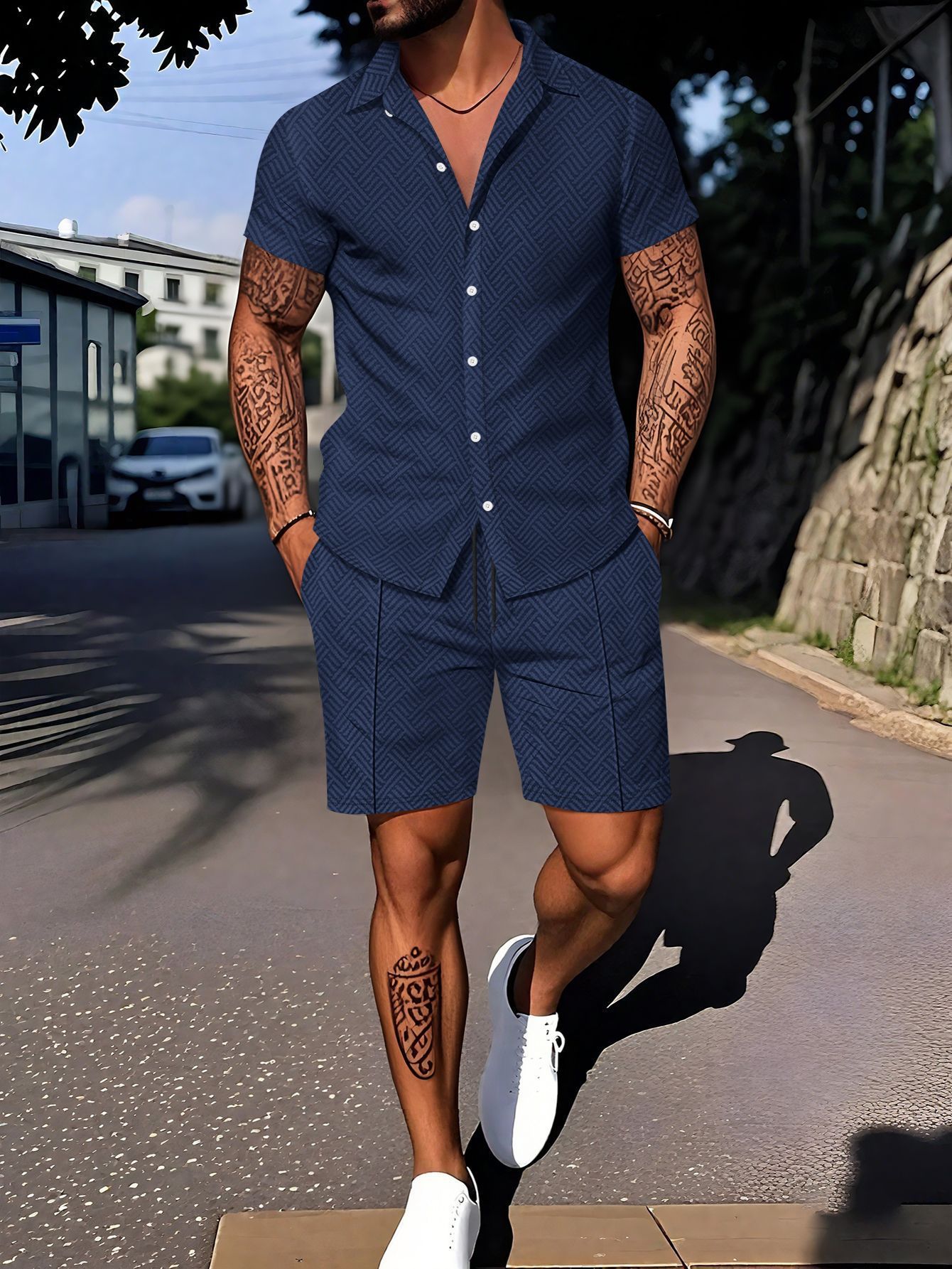European And American Ins Fashion Men's Digital Printing Casual Short Sleeve Suit