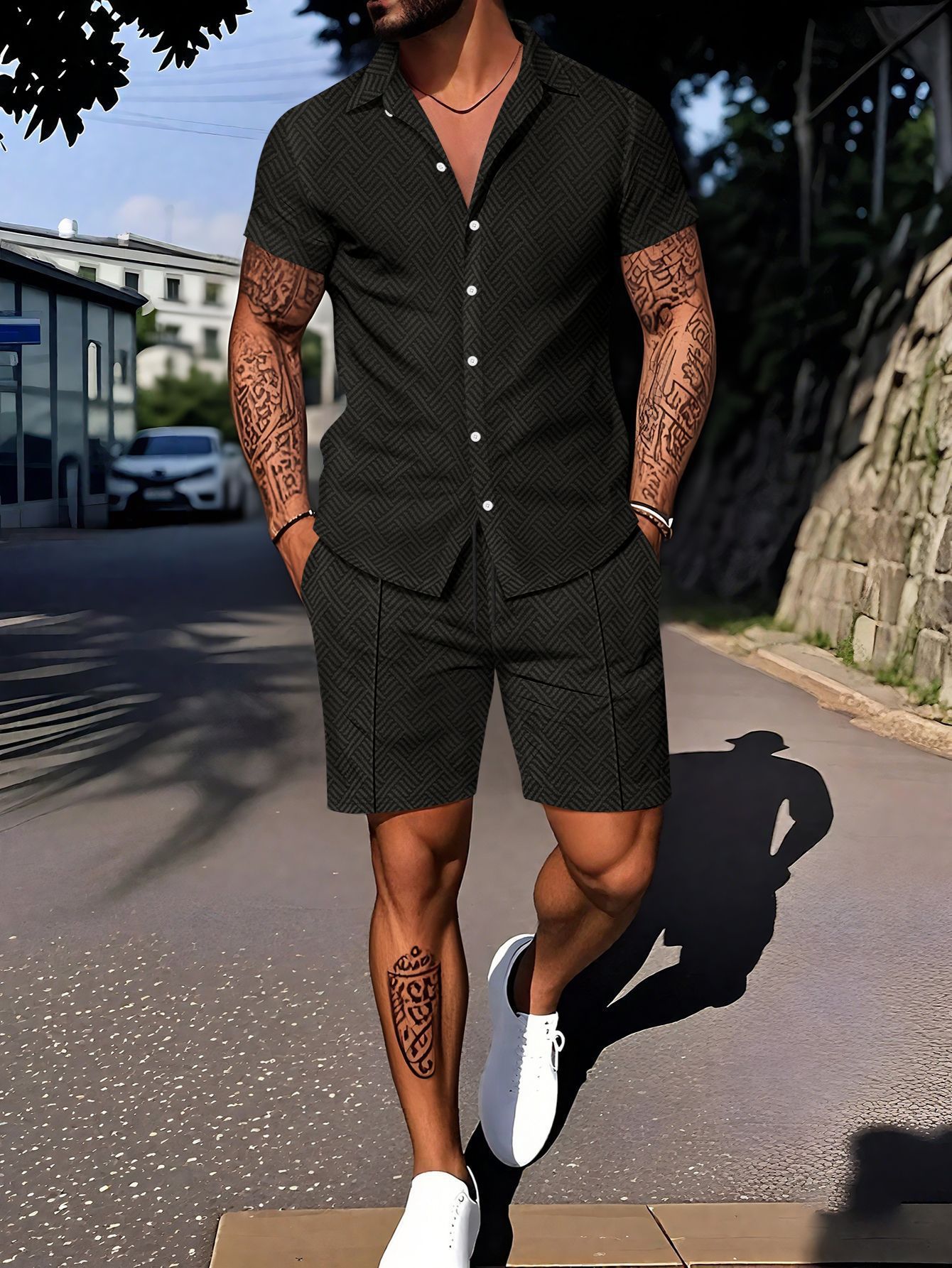 European And American Ins Fashion Men's Digital Printing Casual Short Sleeve Suit