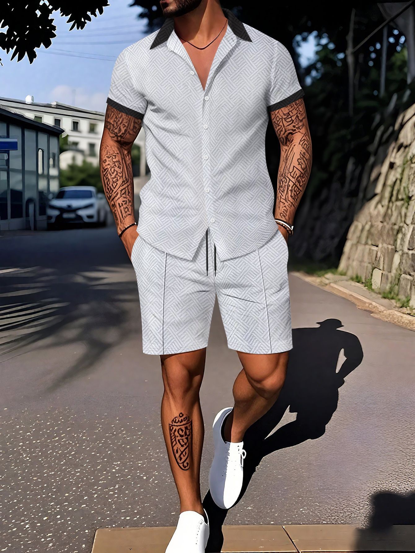 European And American Ins Fashion Men's Digital Printing Casual Short Sleeve Suit